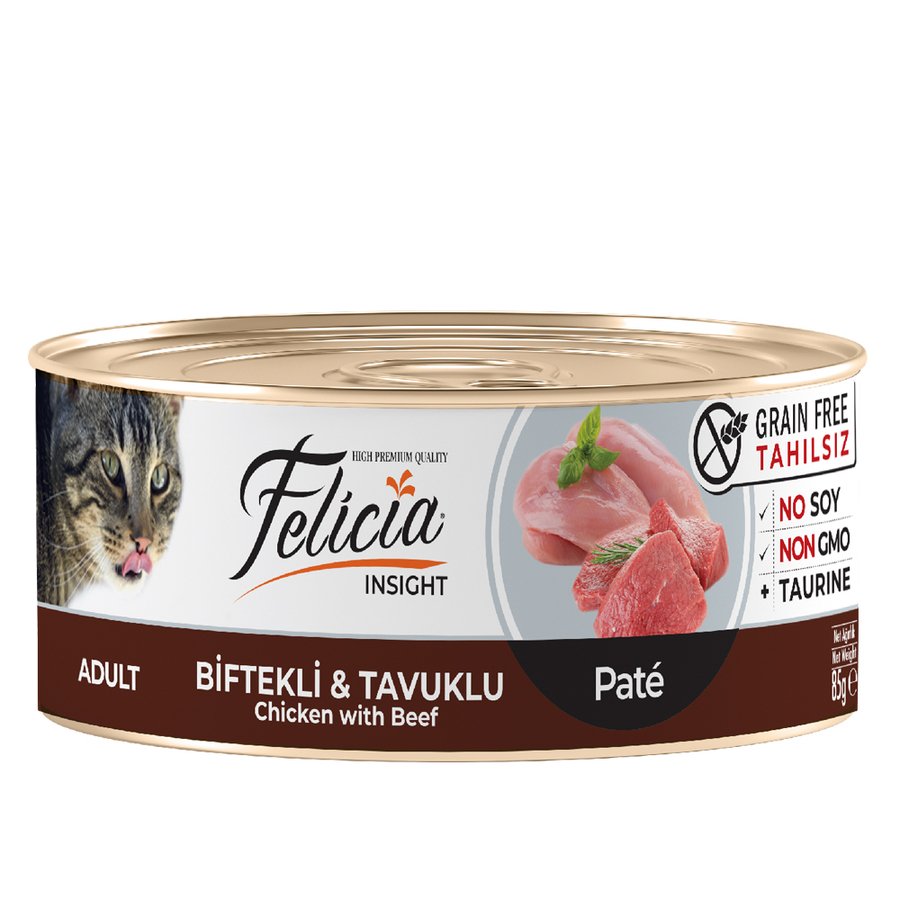 Felicia Tahılsız Biftekli-Tavuklu Kıyılmış . Yaş Kedi Maması 85gr 1ad
